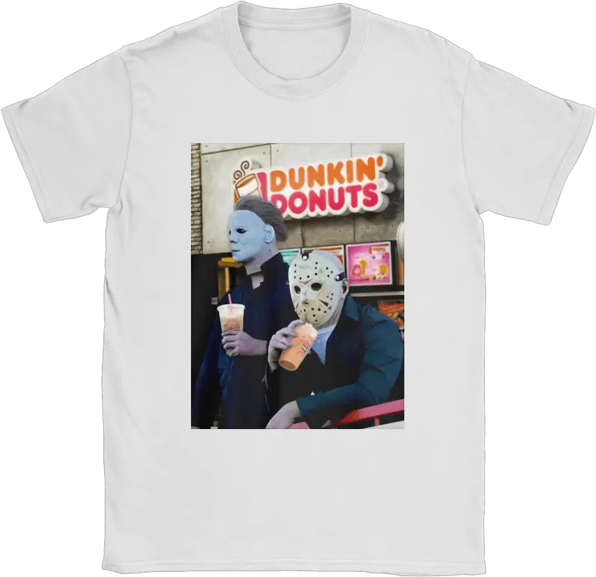 Michael Myers And Jason Voorhees Enjoy Dunkinu0027 Donut Shirts Cartoon Png Michael Myers Mask Png