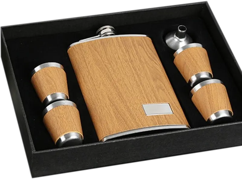 9 Oz Stainless Steel Wood Grain Hip Flask Set Hip Flask Png Wood Grain Png