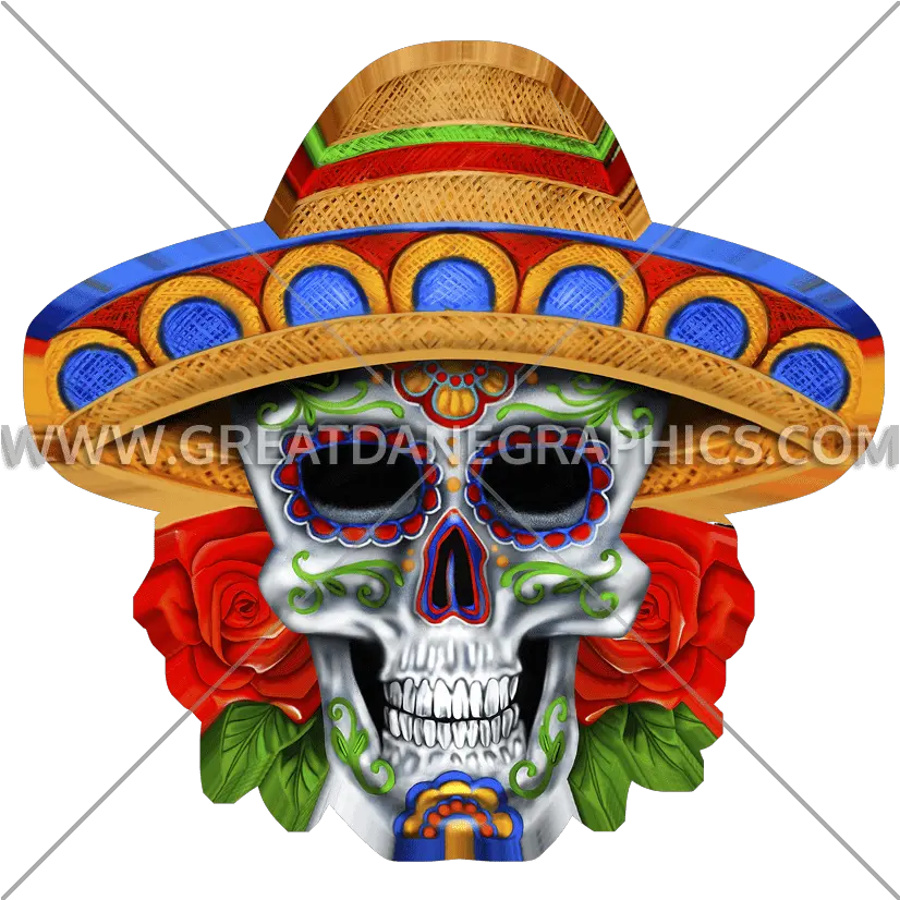 Sugar Skull Sombrero Production Ready Artwork For T Shirt Skull In Mexican Sombrero Png Sombrero Transparent Background