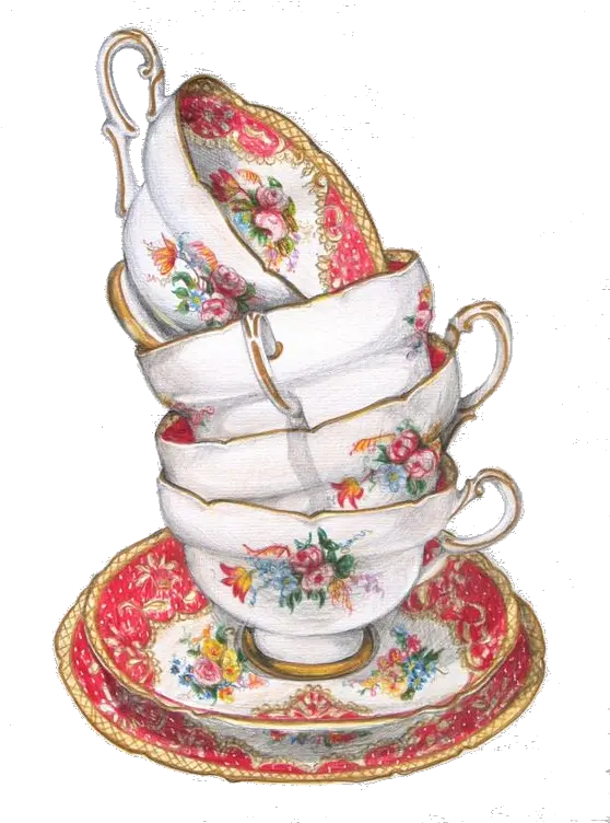 Teacup Stack Floral Png Transparency Overlay For Vintage Tea Cup Drawings Tea Set Png